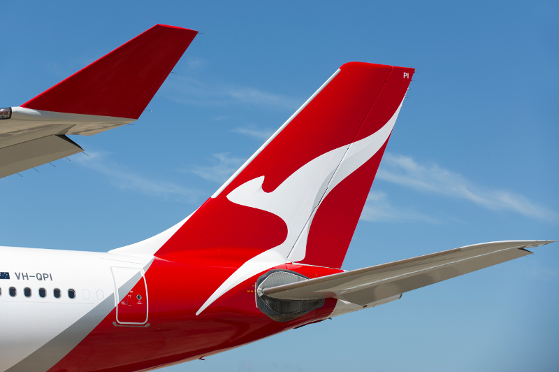 A close-up of the Flying Kangaroo on the tail of a Qantas plane.