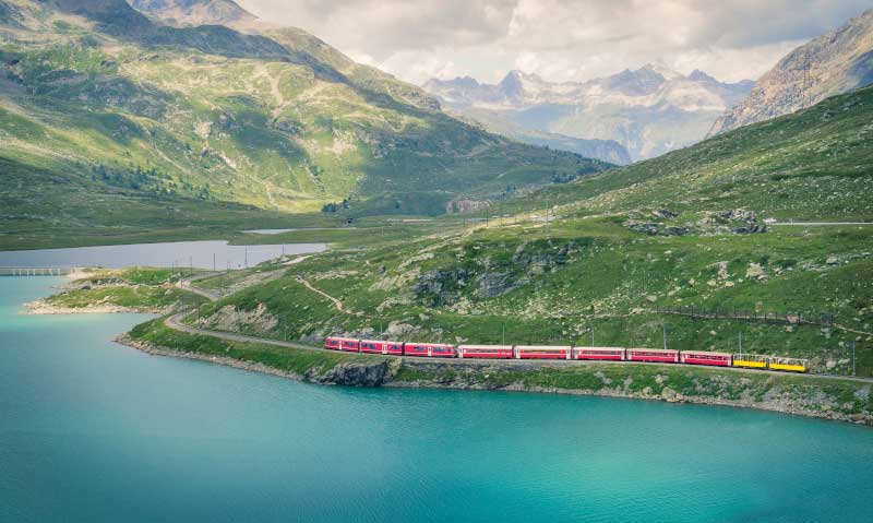 The Bernina Express train travelling on the Bernina Pass. Image: Getty