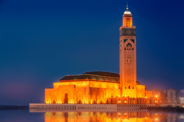 Casablanca Mosque lit up at night