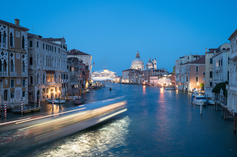 A cruise ship in the distance in Venice.