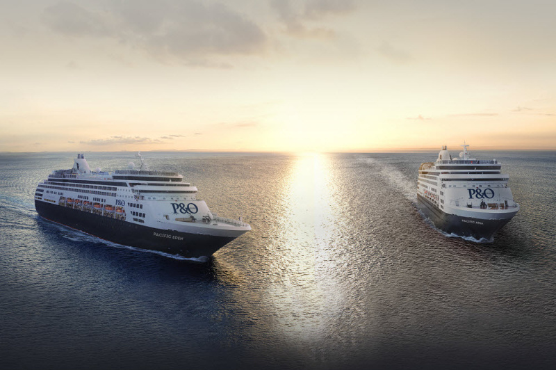 P&O Cruises' Pacific Aria and Pacific Eden cruise ships on a calm sea at sunset.