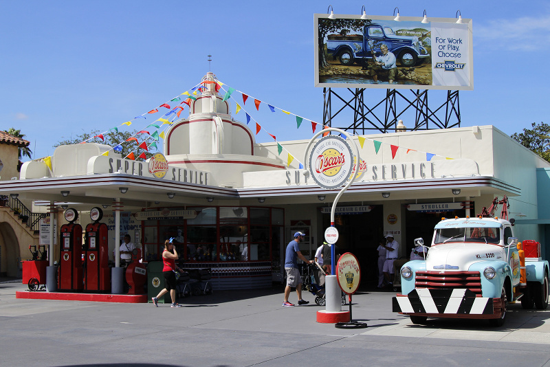 A Cars themed building inside a Disney park