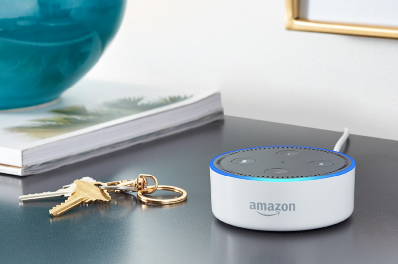 Amazon Echo Dot on a table with keys