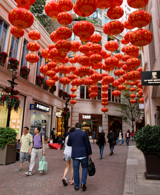 Shopping strip at Lee Tung Avenue, Hong Kong.