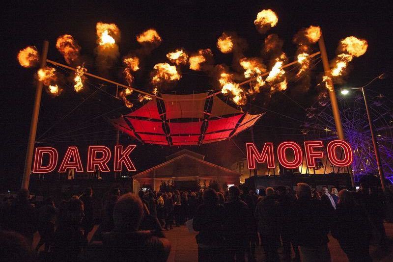 A neon sign at the entrance to Dark Mofo festival in Hobart.