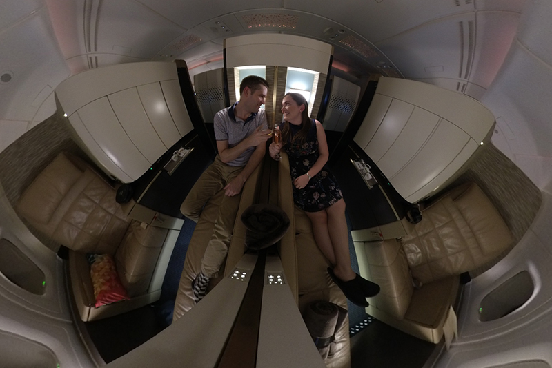 Couple in adjoining First Apartments on Etihad Airways A380.