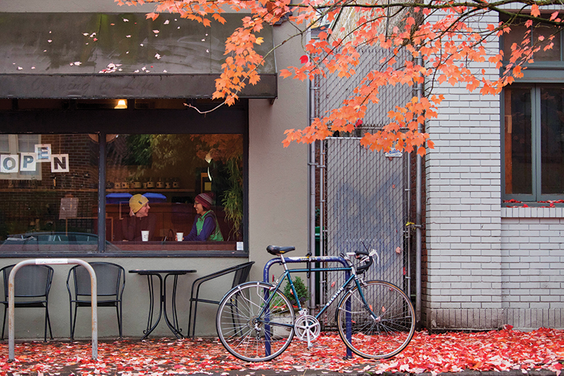 Bike on street in fall, Portland