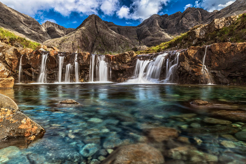 waterfalls into fairy pools on isle of skye, scotland