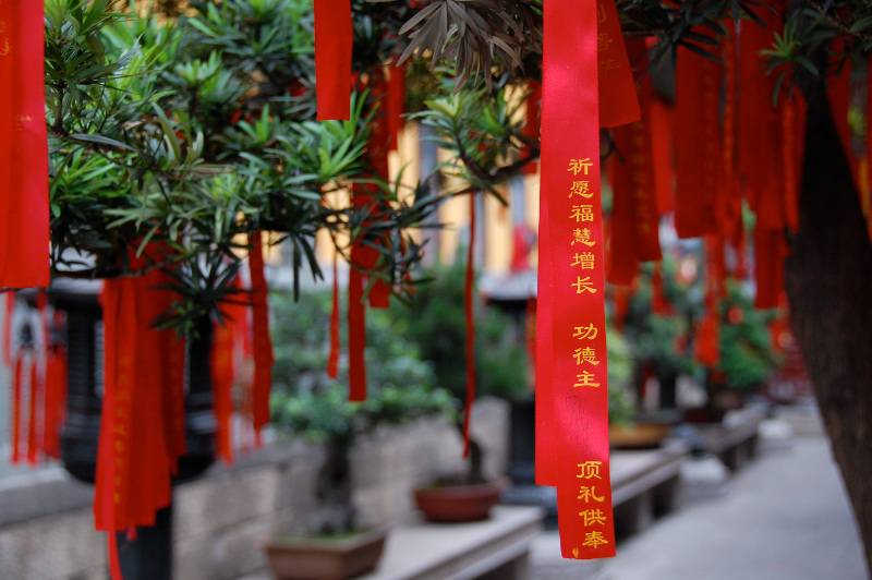 Chinese prayer ribbons hanging from bonsai trees at the Jade Buddha Temple, Shanghai, China