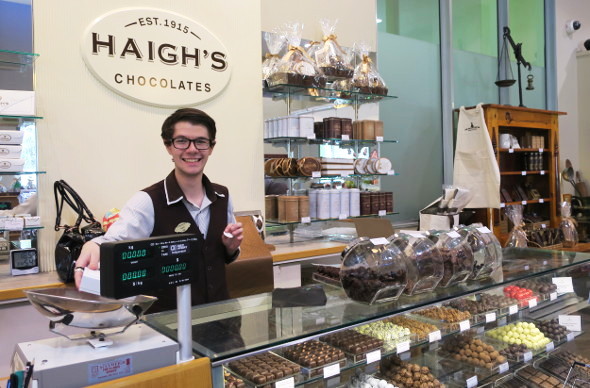 Counter at Haigh's chocolate factory shop