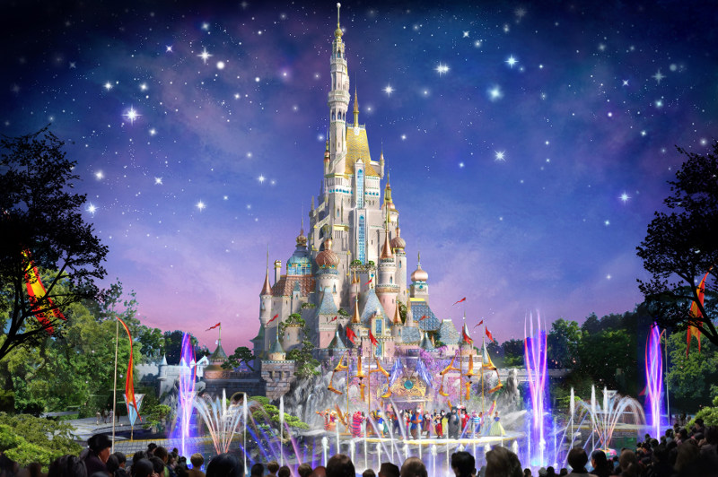 The Sleeping Beauty Castle is illuminated at Hong Kong Disneyland.