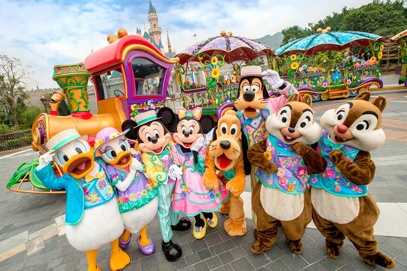 Donald and Daisy Duck, Mickey and Minnie Mouse, Pluto, Goofy, and Chip and Dale at Hong Kong Disneyland.