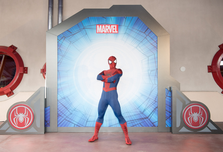 Spider-Man stands in superhero pose at Hong Kong Disneyland.