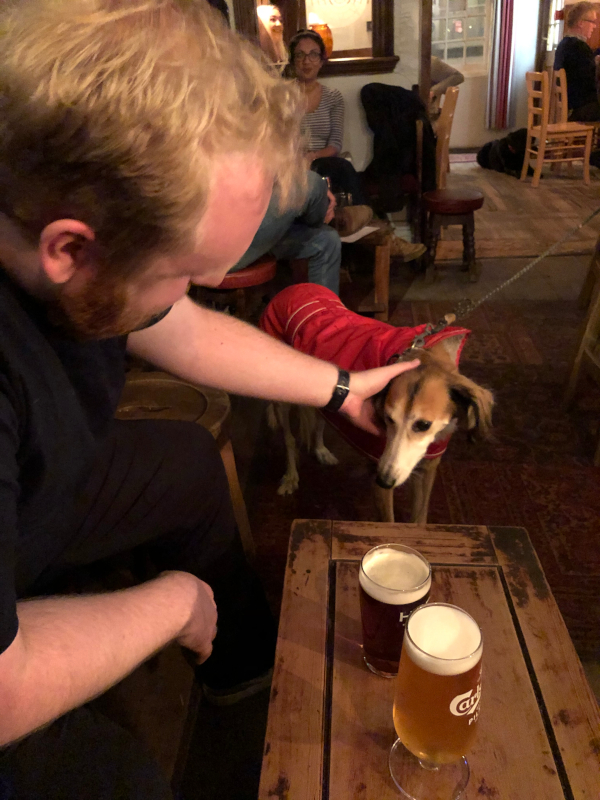 Damon patting Mia the dog who is eyeing off my Carlsberg beer