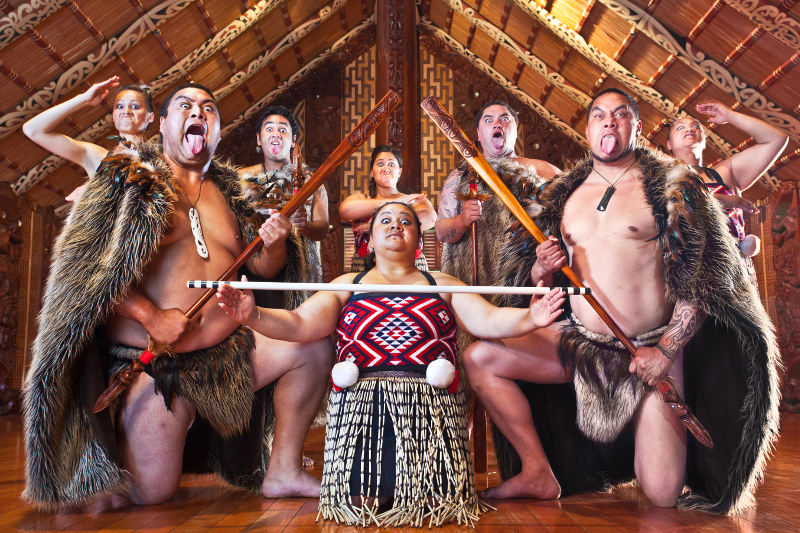 Maori dancers in traditional dress at the Waitangi Treaty Grounds.