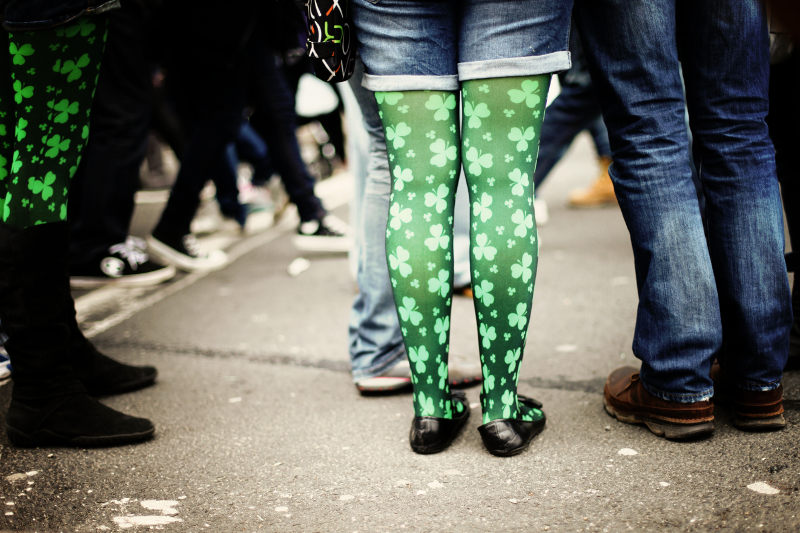 girls wearing shamrock tights to the St Patrick's Day parade in Dublin