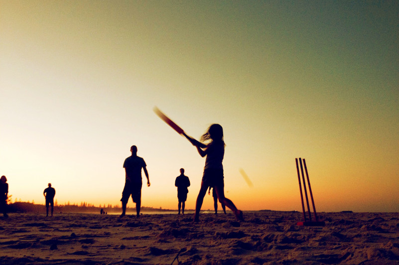 beach cricket at sunset