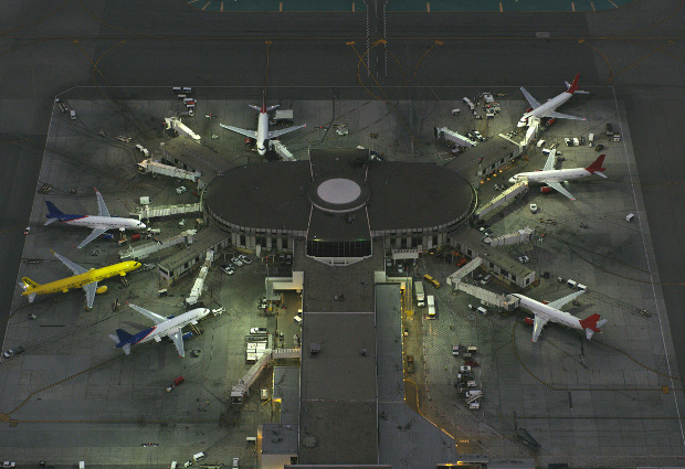 Aerial view of planes at LAX terminal