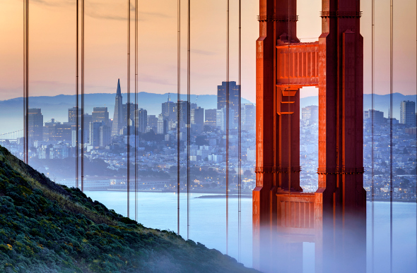 A view of San Francisco with the Golden Gate Bridge in the forefront