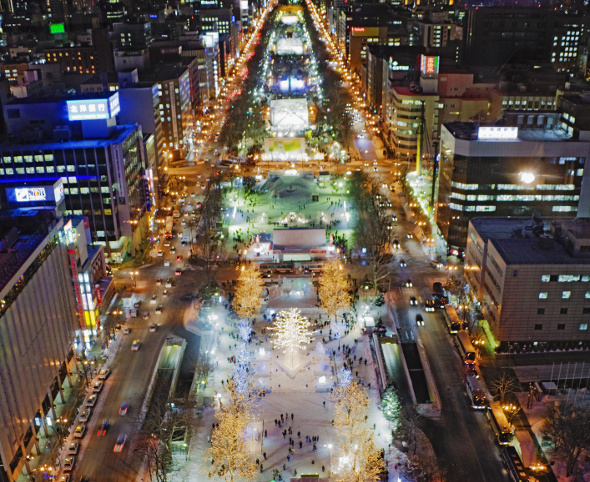 Sapporo aerial shot during snow festival