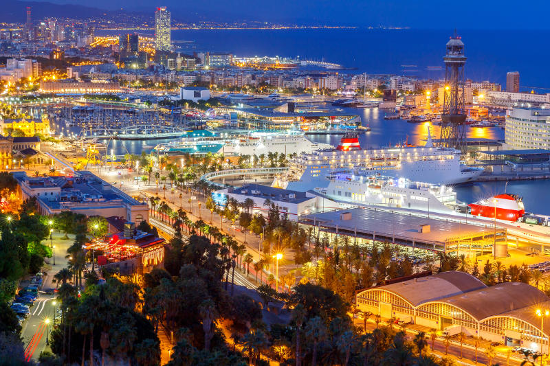 Barcelona's port by night.