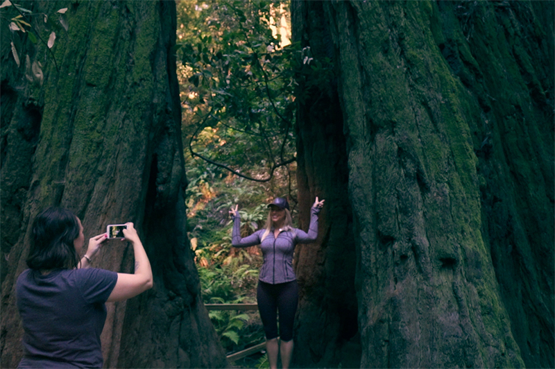 A woman takes a photo of a woman posing against a redwood tree at Muir Woods National Monument in San Francisco.