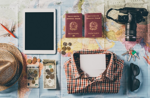 travel flat lay map, passport etc