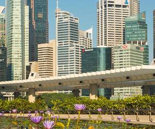 Business people outside against Singapore skyline.