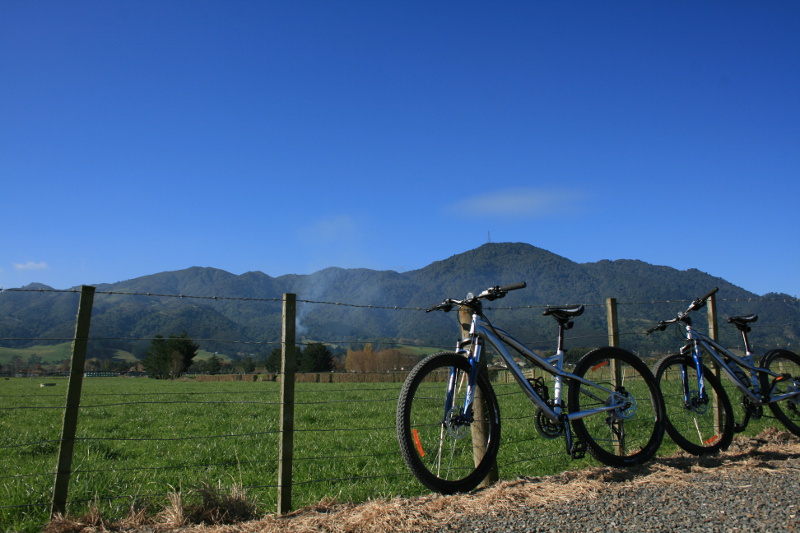 A bicycle rests against a fence as fields stretch away in Te Aroha.
