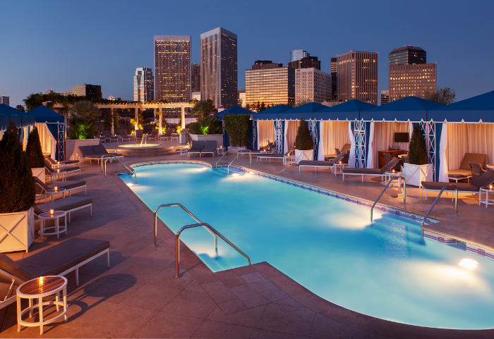 The Peninsula Beverly Hills rooftop pool sunset