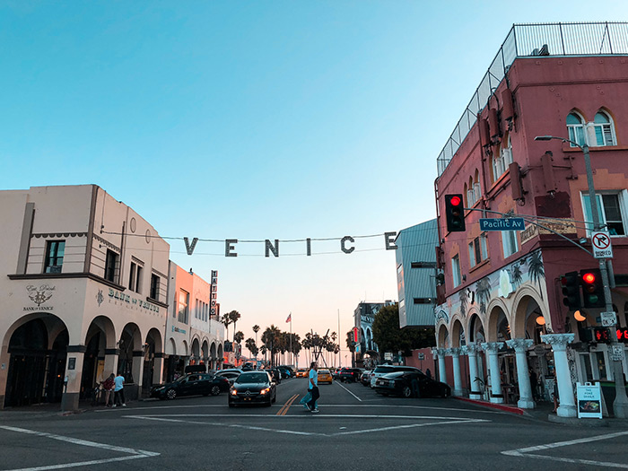 streetscape of venice at sunset